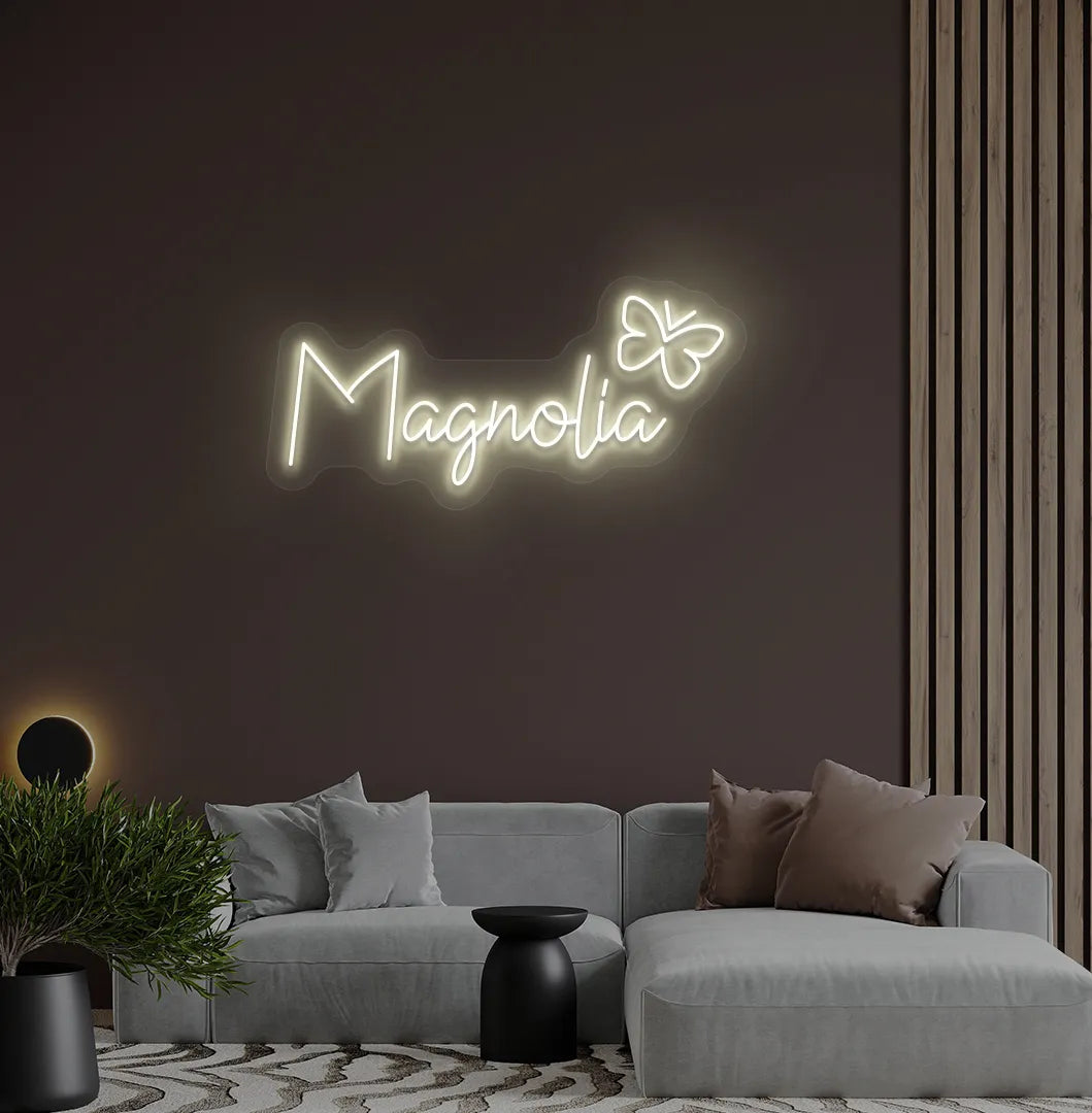 Aesthetic wall featuring Personalized Name with Butterfly warm white neon sign.