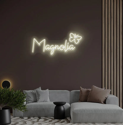 Aesthetic wall featuring Personalized Name with Butterfly warm white neon sign.