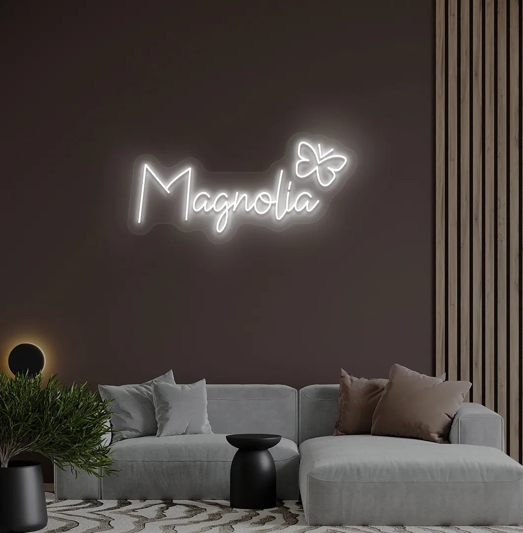 Custom Name with Butterfly neon sign in white color mounted on modern wall.