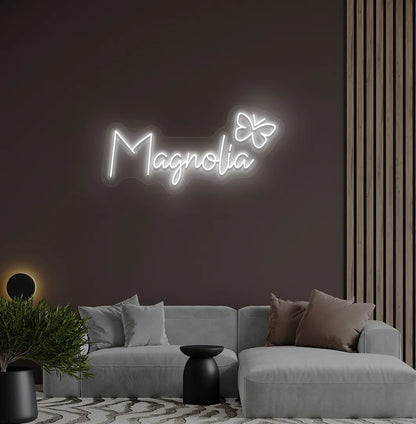 Custom Name with Butterfly neon sign in white color mounted on modern wall.
