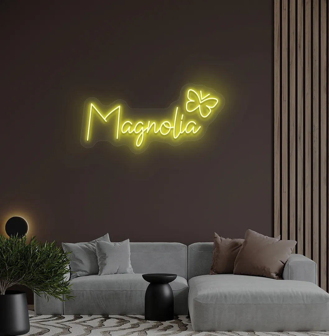 Aesthetic wall featuring Personalized Name with Butterfly yellow neon sign.