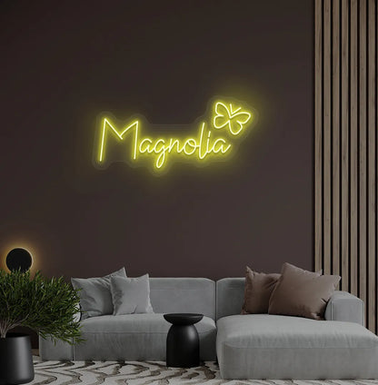 Aesthetic wall featuring Personalized Name with Butterfly yellow neon sign.