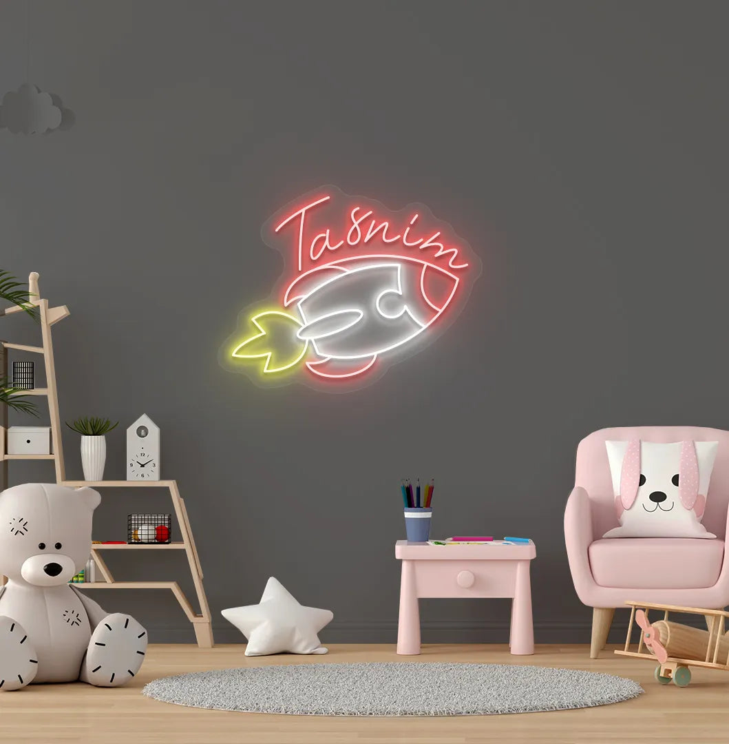 Custom Space Explorer Name neon sign in red color mounted on modern wall decor.