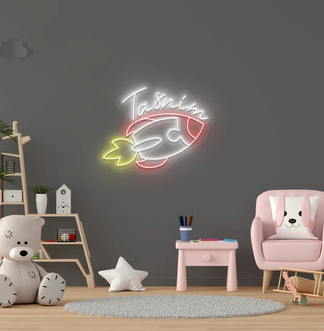 Custom Space Explorer Name neon sign in white color mounted on modern wall decor.