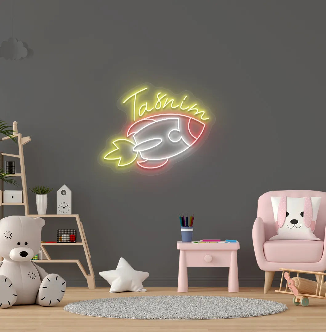 Yellow LED Personalized Space Explorer Name neon sign for space-themed bedroom