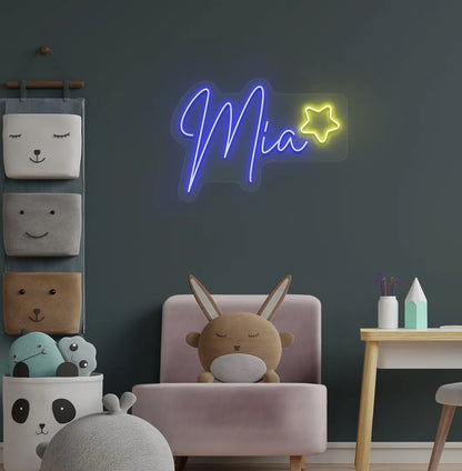 Personalized Star with Name blue LED neon sign mounted on kids' room wall.