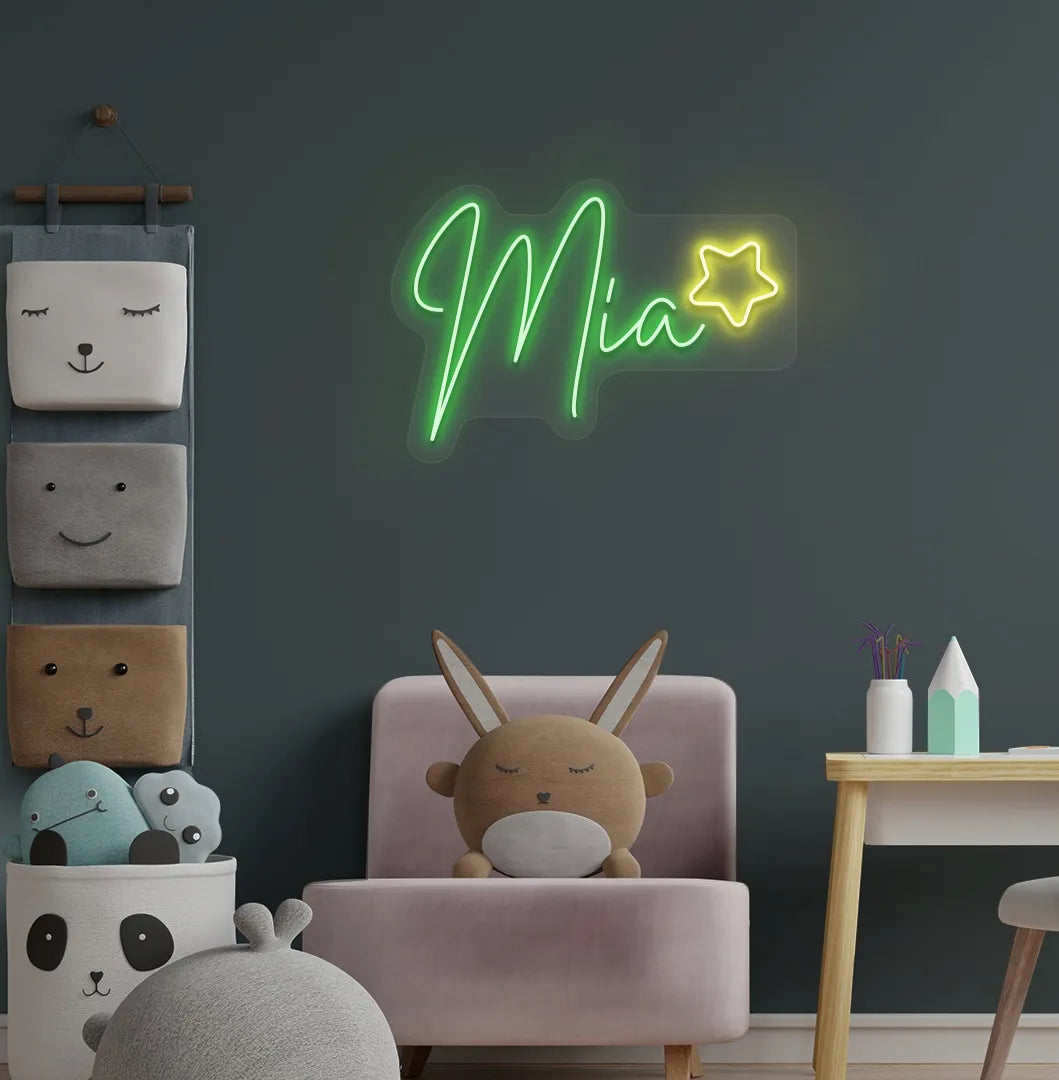 Aesthetic wall featuring Personalized Star with Name green neon sign.