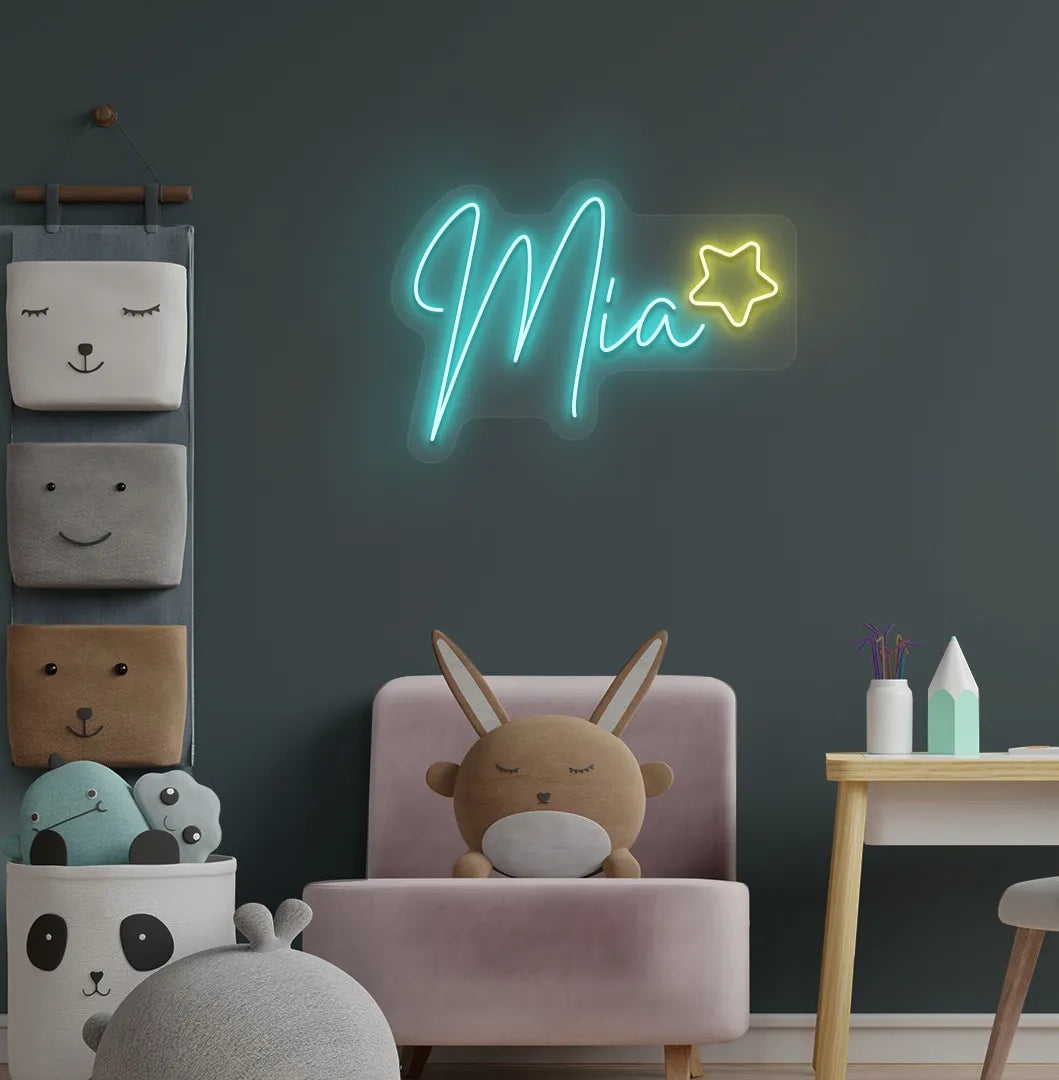 Personalized Star with Name ice blue LED neon sign mounted on kids' room wall.
