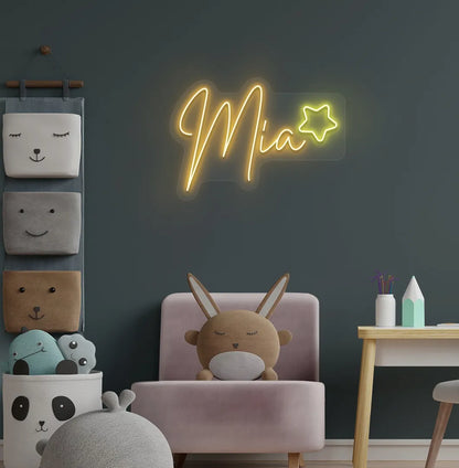 Aesthetic wall featuring Personalized Star with Name orange neon sign.