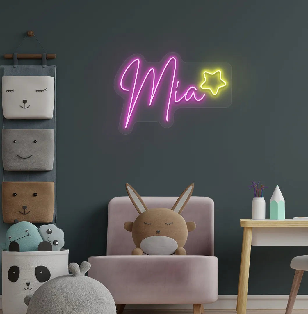 Aesthetic wall featuring Personalized Star with Name purple neon sign.