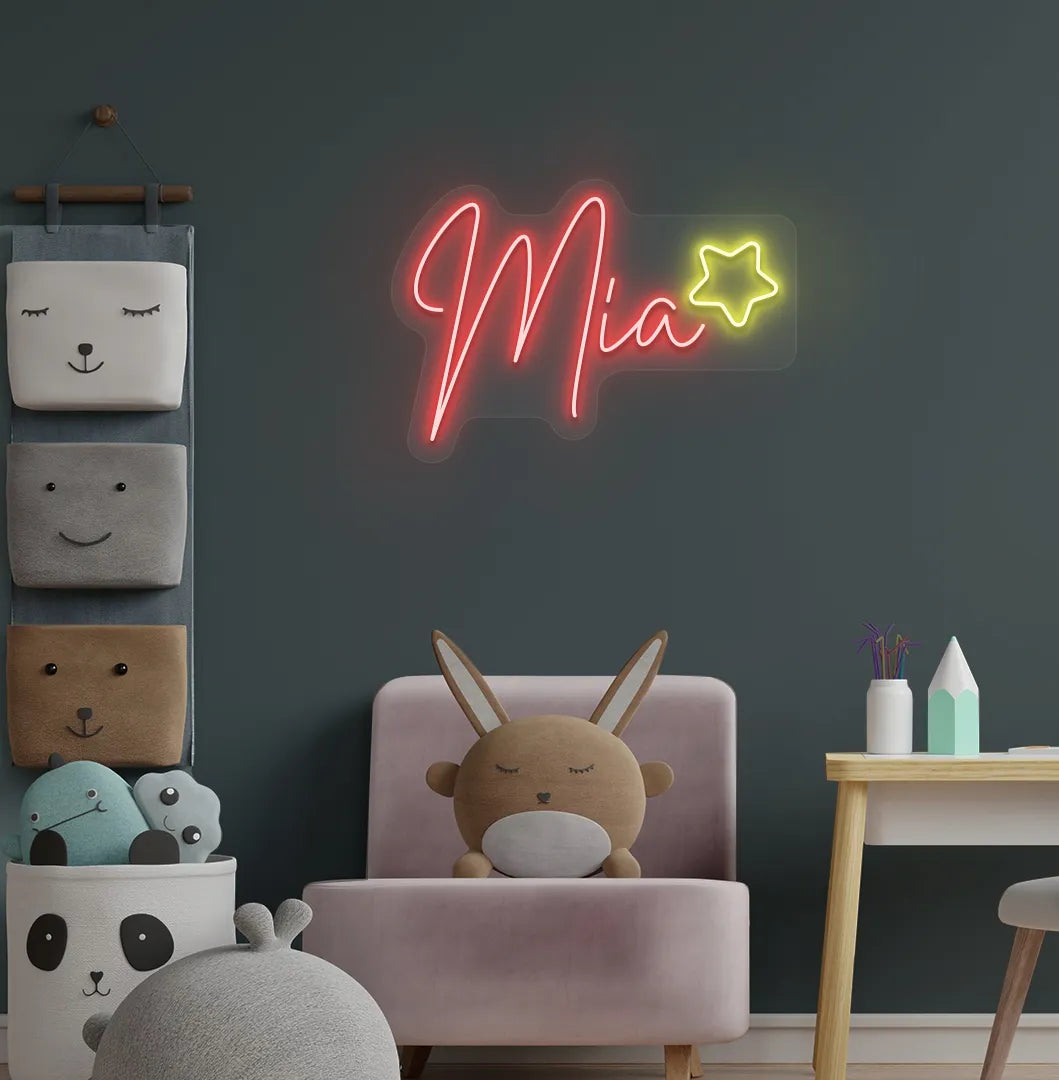 Personalized Star with Name red LED neon sign mounted on kids' room wall.