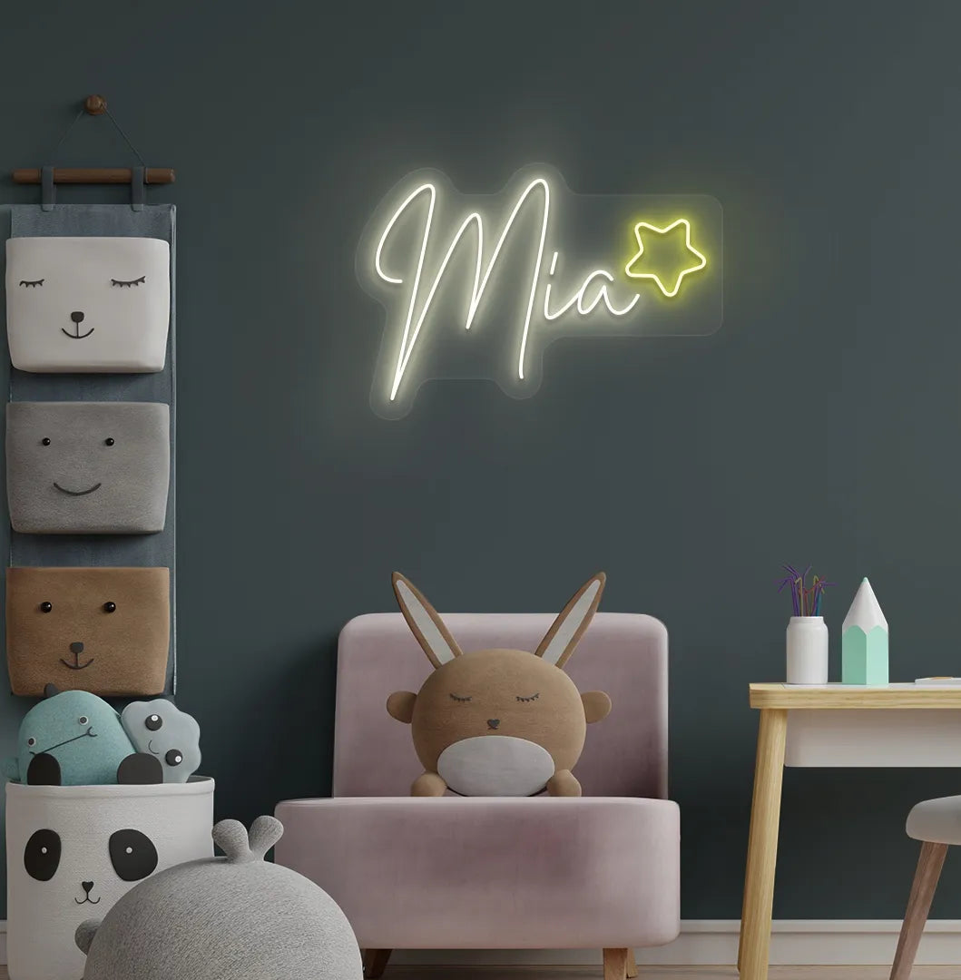 Aesthetic wall featuring Personalized Star with Name warm white neon sign.