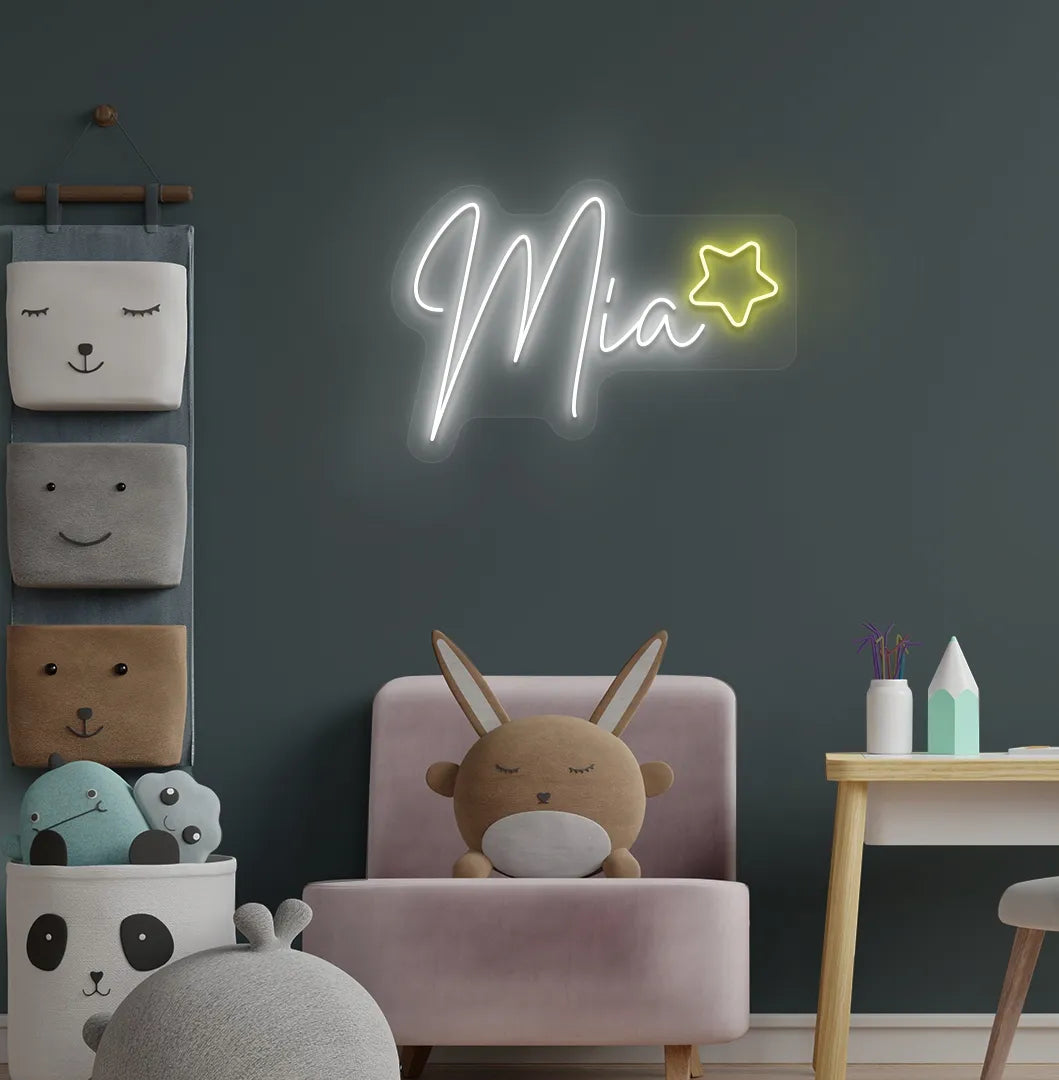 Personalized Star with Name white LED neon sign mounted on kids' room wall.