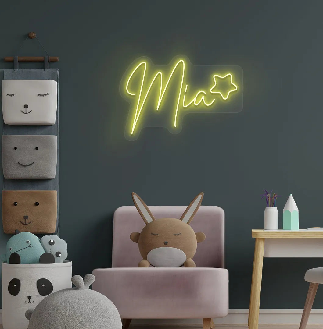 Aesthetic wall featuring Personalized Star with Name yellow neon sign.