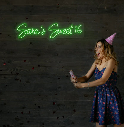 Custom Sweet 16 birthday neon sign mounted on modern event wall in green color.