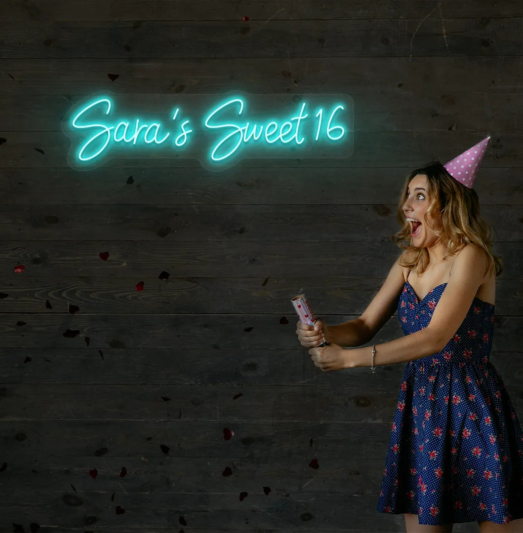 Bright ice blue Personalized Sweet 16 neon sign mounted on decorative wall.
