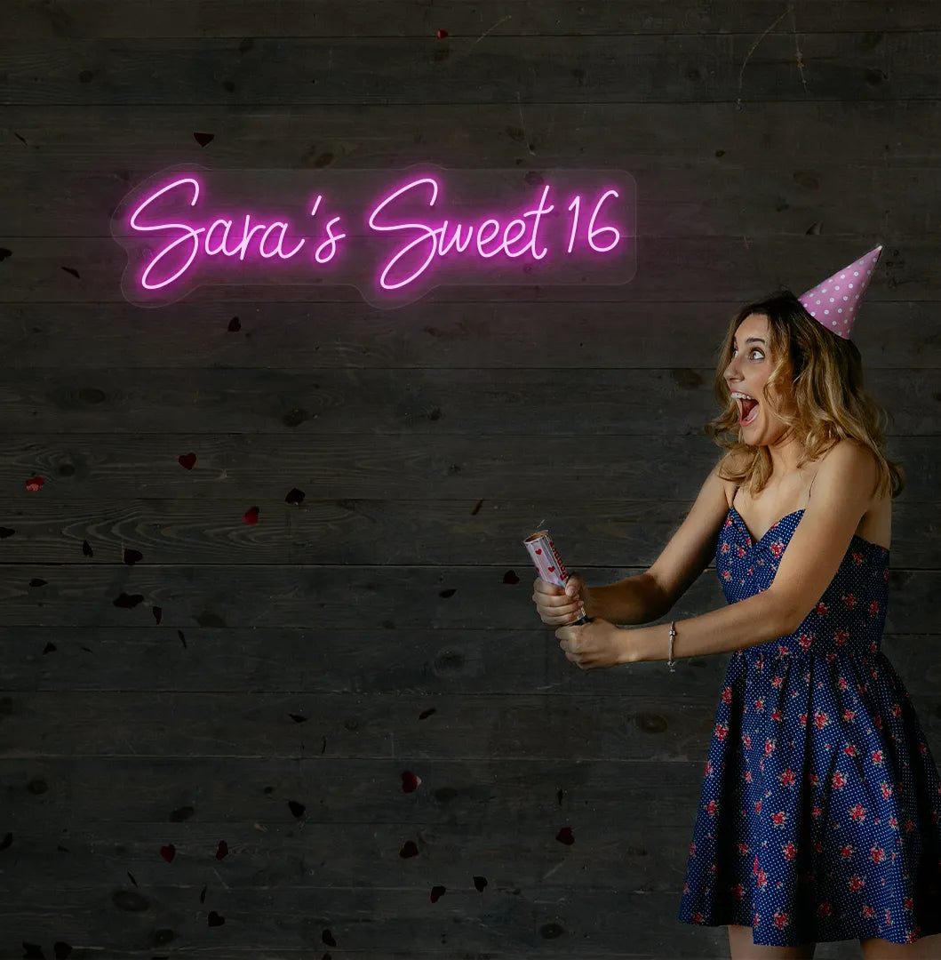 Custom Sweet 16 birthday neon sign mounted on modern event wall in purple color.