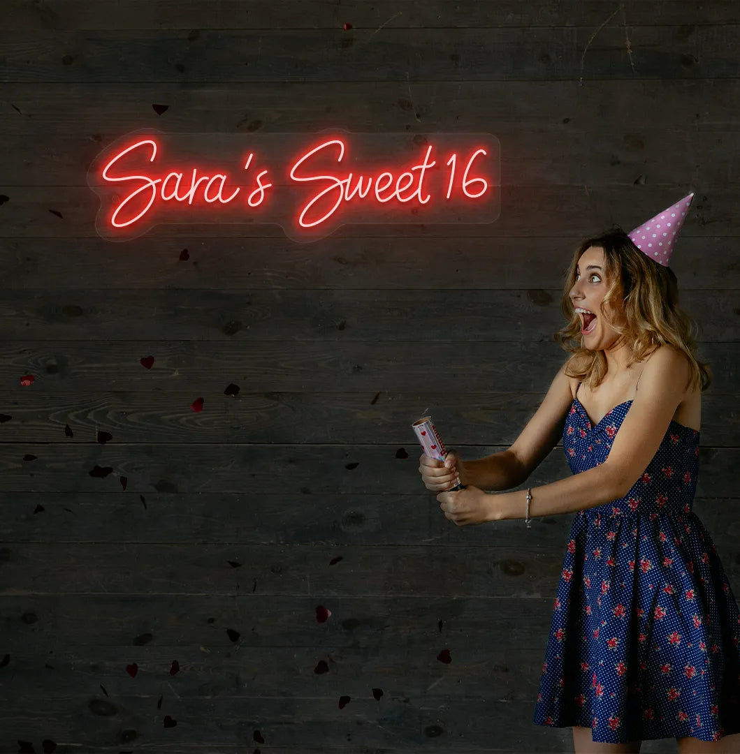 Bright red Personalized Sweet 16 neon sign mounted on decorative wall.