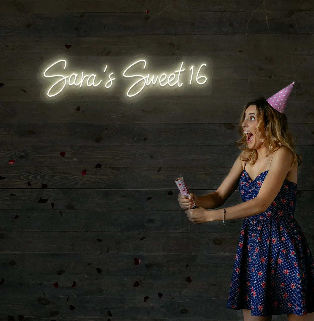 Custom Sweet 16 birthday neon sign mounted on modern event wall in warm white color.