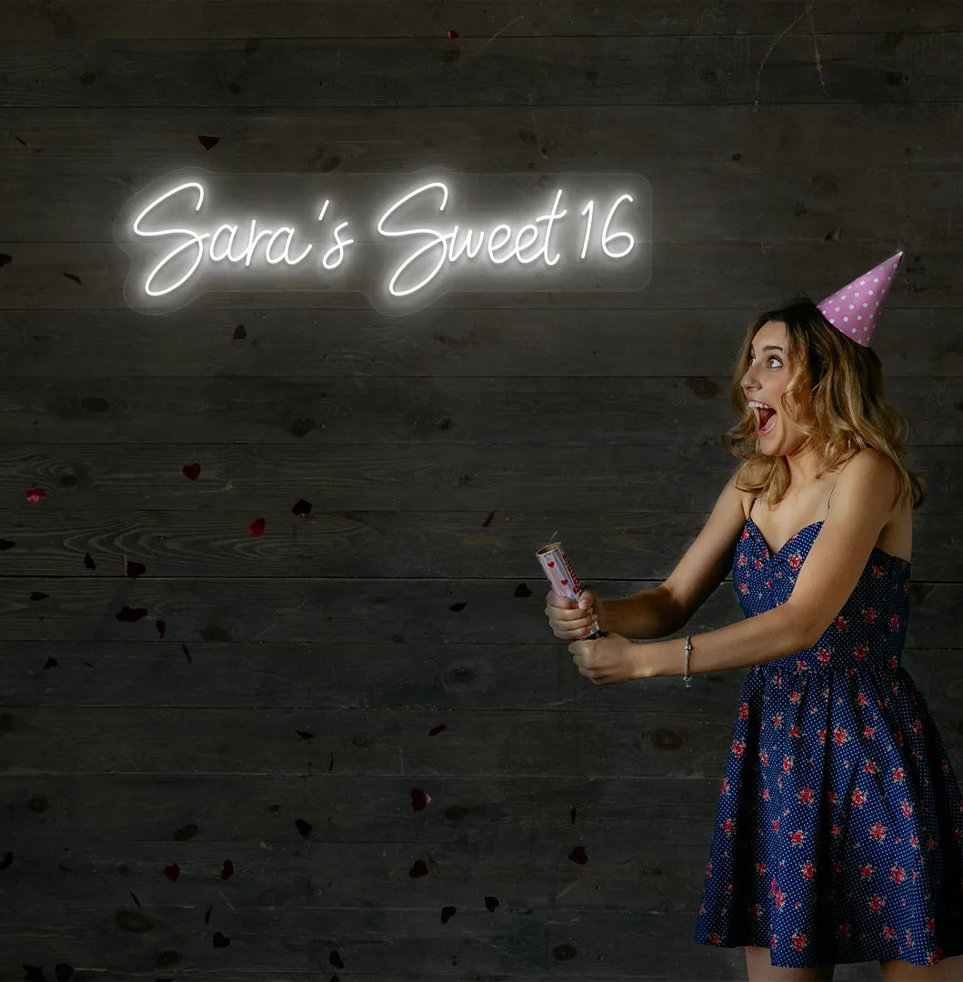 Bright white Personalized Sweet 16 neon sign mounted on decorative wall.