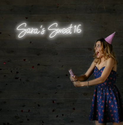 Bright white Personalized Sweet 16 neon sign mounted on decorative wall.