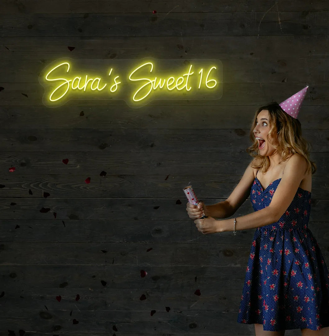 Custom Sweet 16 birthday neon sign mounted on modern event wall in yellow color.