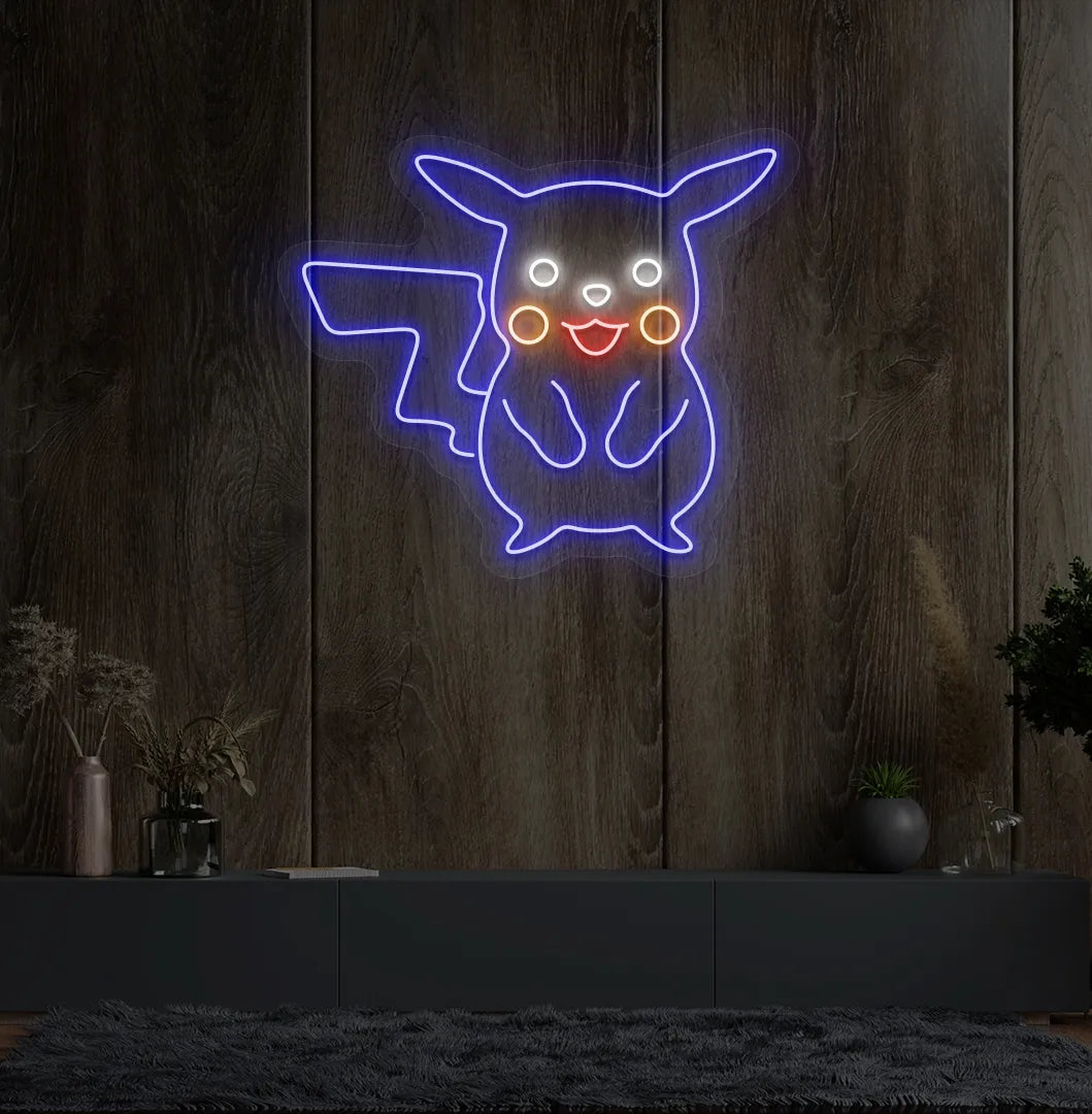 Image of a blue Pikachu LED neon sign for anime-inspired room decor.