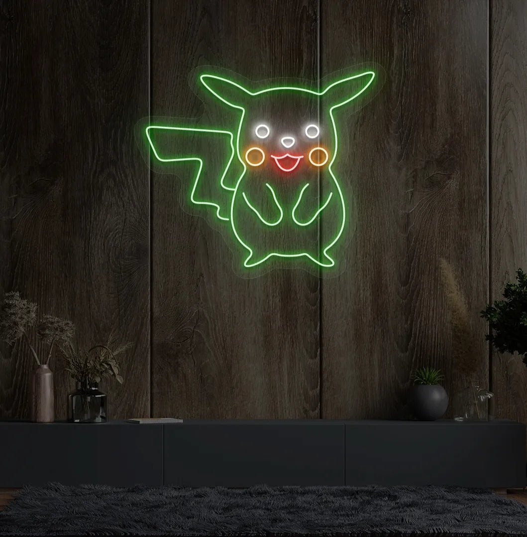 Character-inspired Pikachu green neon sign glowing on decorative wall.