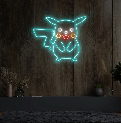 Image of an ice blue Pikachu LED neon sign for anime-inspired room decor.