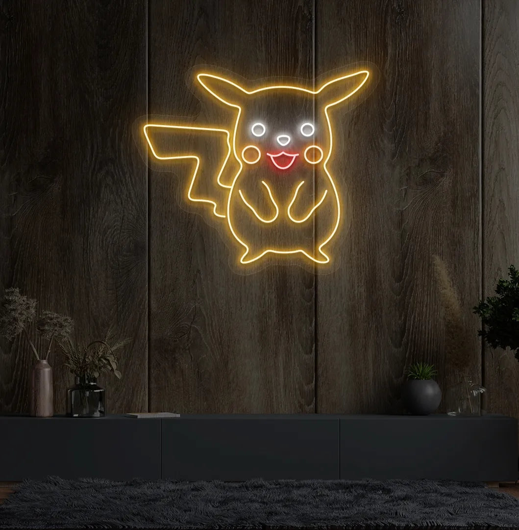 Character-inspired Pikachu orange neon sign glowing on decorative wall.