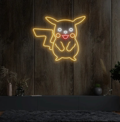 Character-inspired Pikachu orange neon sign glowing on decorative wall.