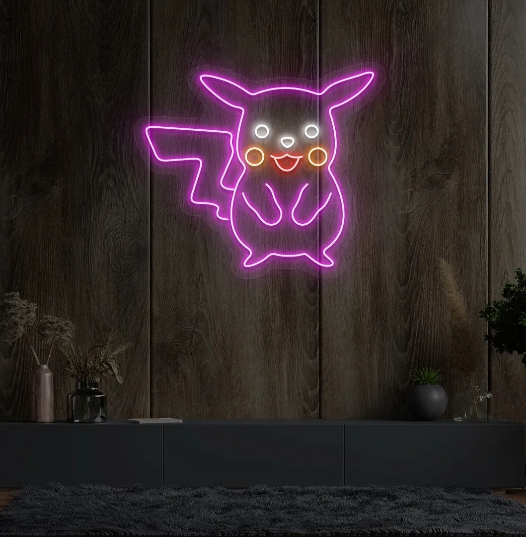 Image of a pink Pikachu LED neon sign for anime-inspired room decor.