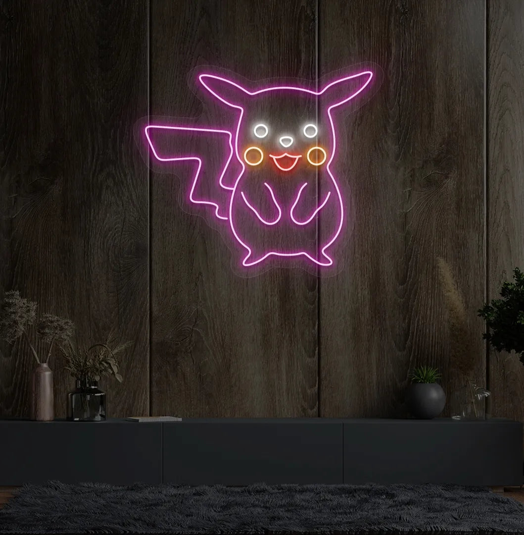 Character-inspired Pikachu purple neon sign glowing on decorative wall.