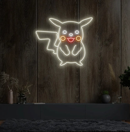 Character-inspired Pikachu warm white neon sign glowing on decorative wall.