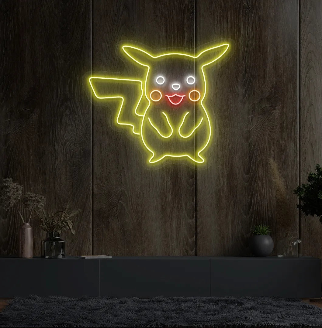 Character-inspired Pikachu yellow neon sign glowing on decorative wall.