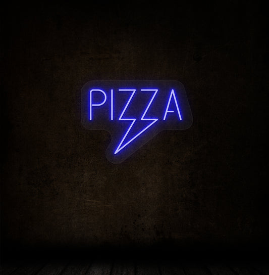 A pizza LED neon sign in blue color glowing on a dark wall. 
