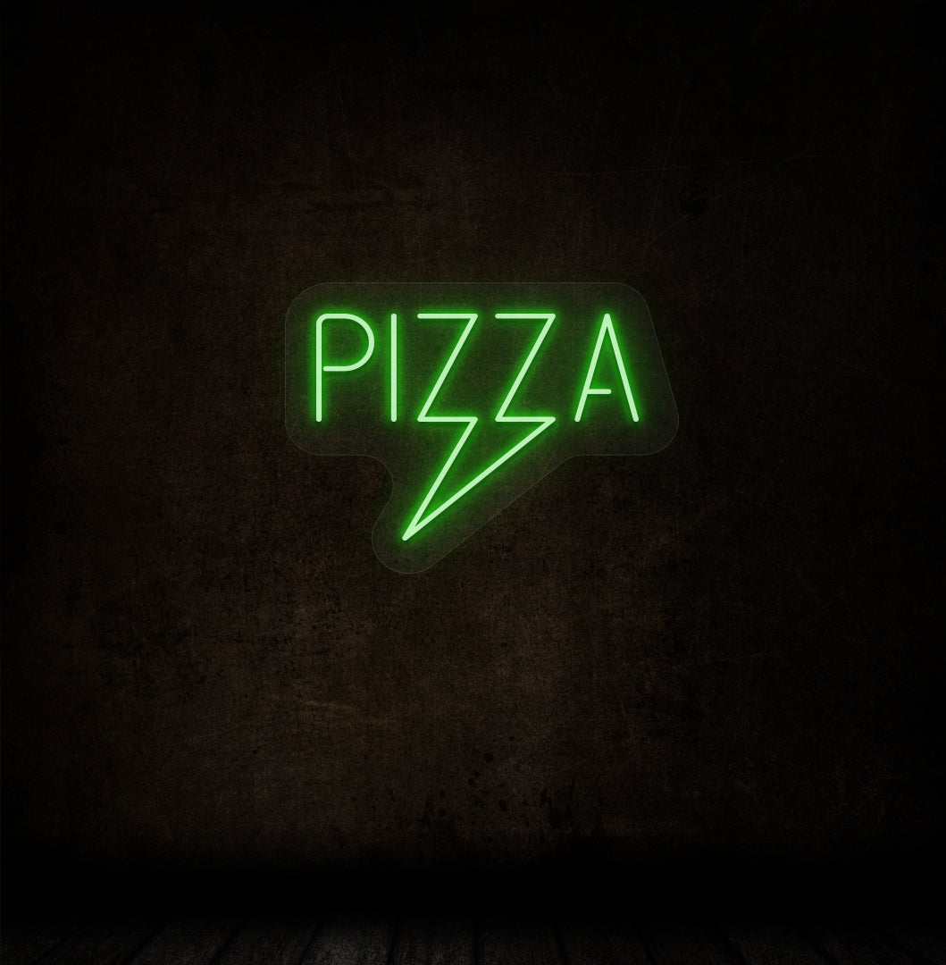 A stylish green LED pizza neon sign hanging on the dark brown wall of a restaurant. 