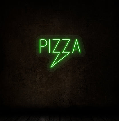 A stylish green LED pizza neon sign hanging on the dark brown wall of a restaurant. 