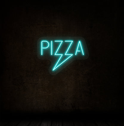 A pizza LED neon sign in ice blue color glowing on a dark wall. 