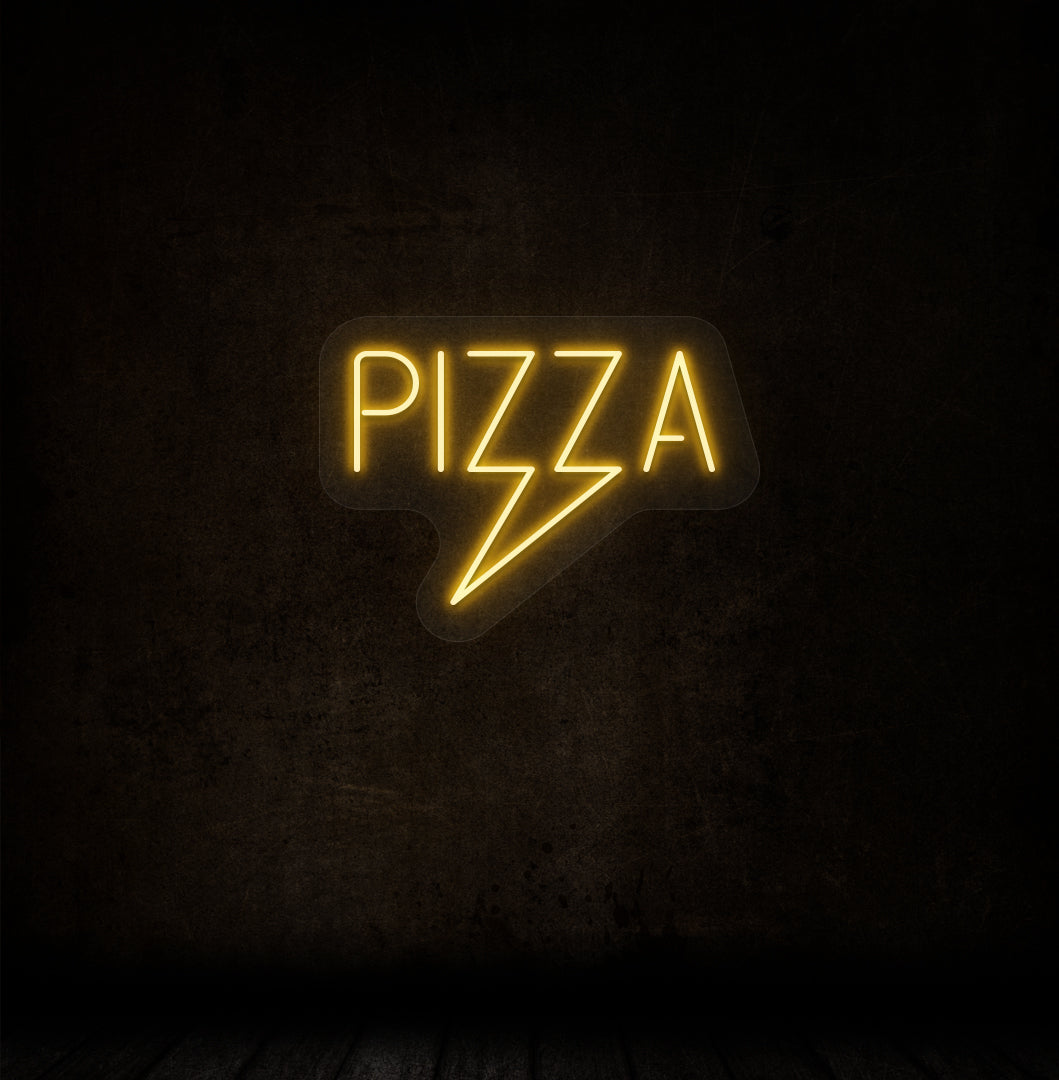 Image of a pizza LED neon sign glowing on a dark wall in orange color. Perfect for pizza shops, food outlets, home kitchens, social media & photo backdrops.