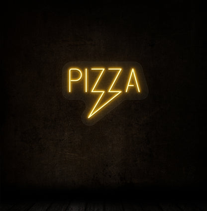 Image of a pizza LED neon sign glowing on a dark wall in orange color. Perfect for pizza shops, food outlets, home kitchens, social media & photo backdrops.