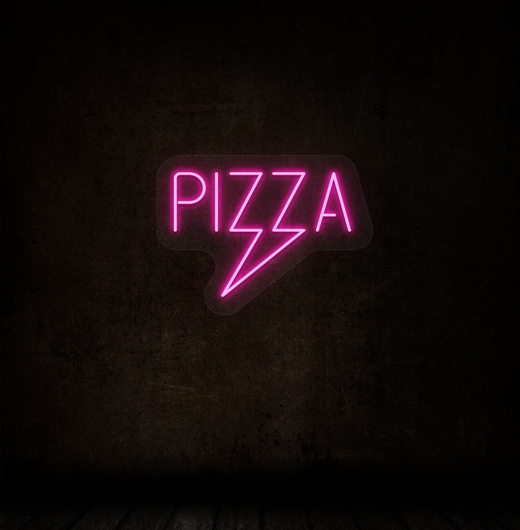 A stylish pink LED pizza neon sign hanging on the dark brown wall of a restaurant. 