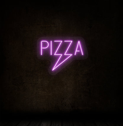 A pizza LED neon sign in purple color glowing on a dark wall. 