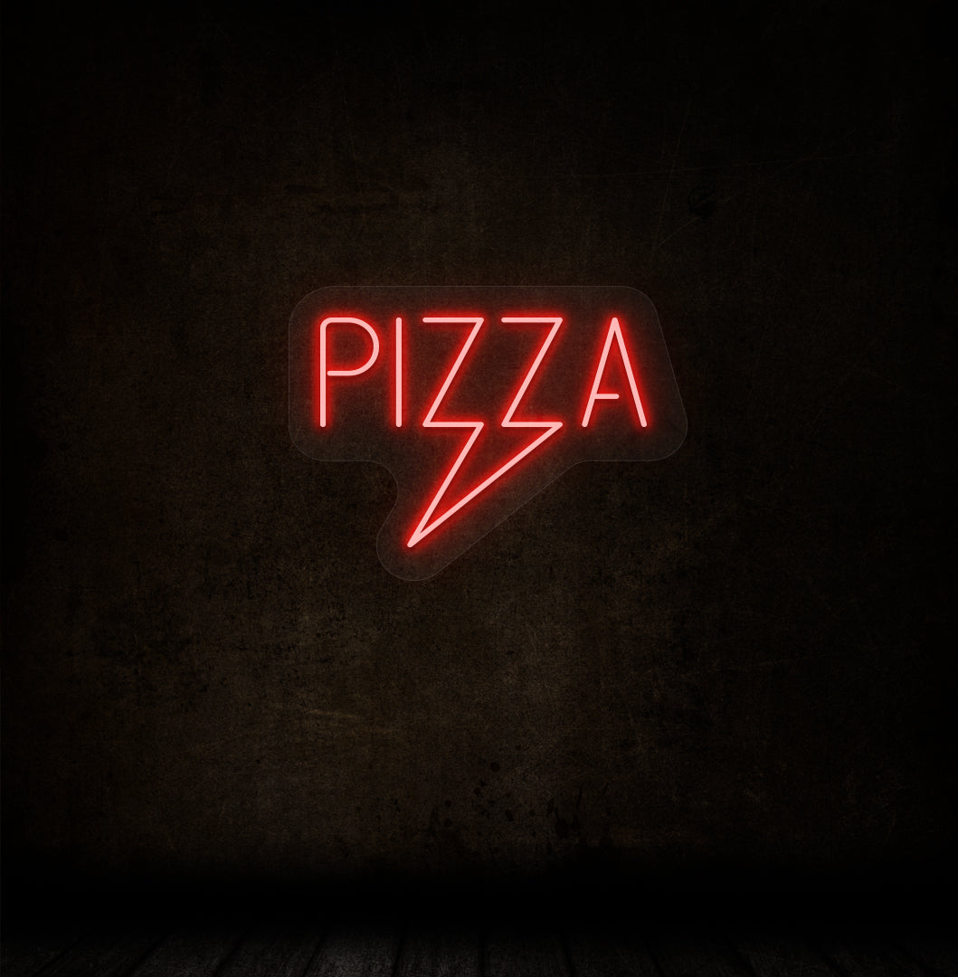 A stylish red LED pizza neon sign hanging on the dark brown wall of a restaurant. 