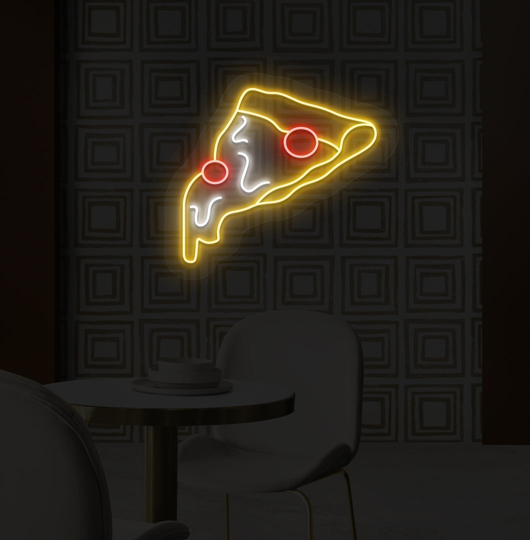 Image of a pizza slice neon sign in multi color mounted on cafe wall.