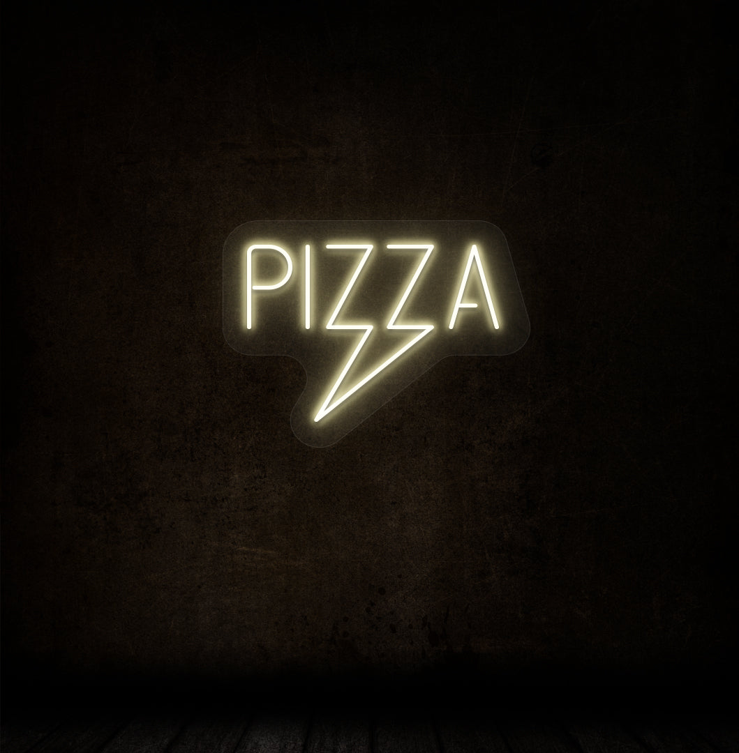 Image of a pizza LED neon sign glowing on a dark wall in warm white color. Perfect for pizza shops, food outlets, home kitchens, social media & photo backdrops.