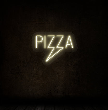 Image of a pizza LED neon sign glowing on a dark wall in warm white color. Perfect for pizza shops, food outlets, home kitchens, social media & photo backdrops.