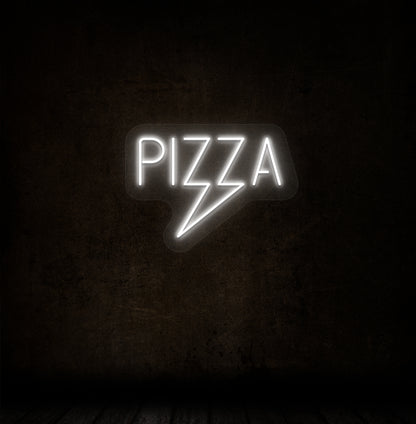 A pizza LED neon sign in white color glowing on a dark wall. 