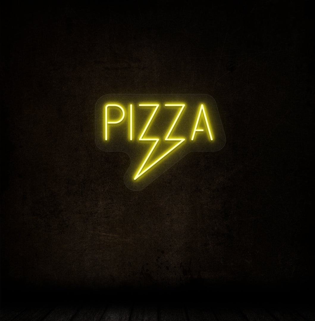 A stylish yellow LED pizza neon sign hanging on the dark brown wall of a restaurant. 