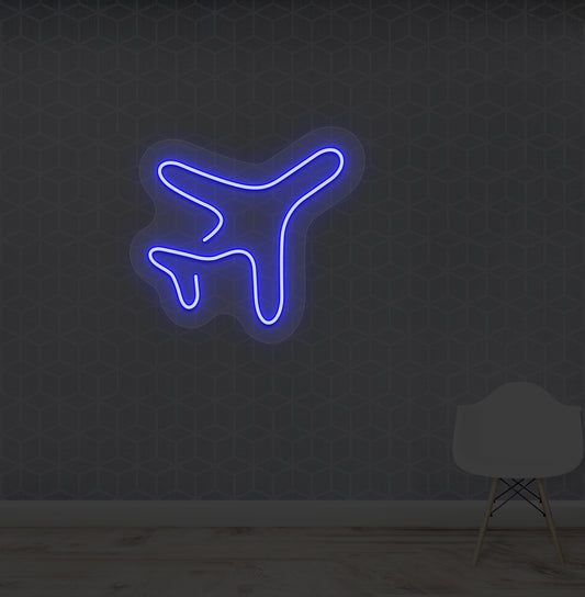 Image of a stylish "plane" LED neon Sign mounted on a wall in blue color.